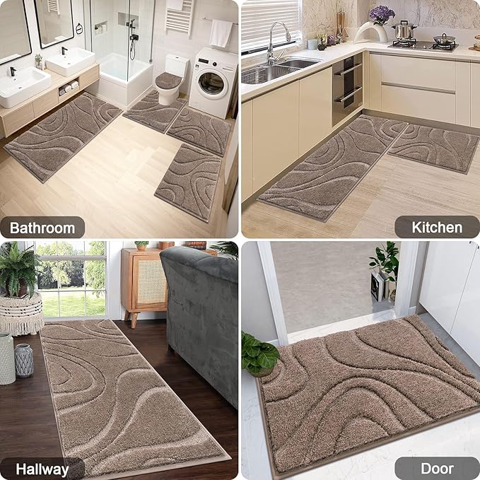 HEBE Bathroom Rugs Sets 5 Piece, Soft Absorbent Microfiber Bath Mat for Bathroom, Non Slip Washable Bath Rug Set with Toilet Cover, Bath Runner and U-Shaped Contour Toilet Rug, Coffee