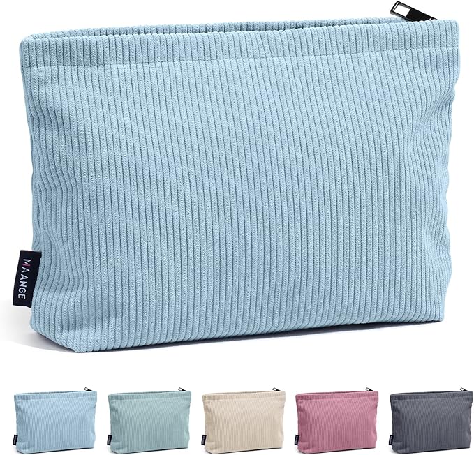 MAANGE Cosmetic Bags for Women Small Makeup Bag for Purse Corduroy Makeup Pouch Travel Makeup Bag with Metal Zipper Make Up Bag for Travelling(BLUE)