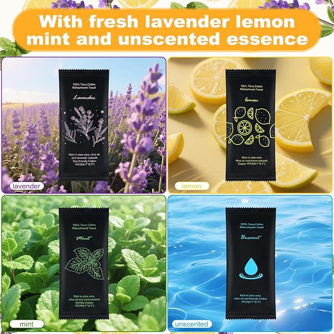 Moist Cotton Towel Bulk Moist Towelettes Individually Wrapped 8.7" x 8.7",White Towel Services,Refreshment Pre Moistened Towels Lavender,Lemon,Mint and Unscented for Sport Party Spa (pack of 200)