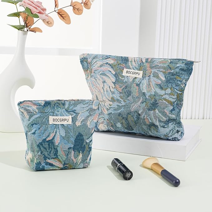 2 PCS Makeup Bag Small Cute Cosmetic Bags for Women，Floral Travel Toiletry Bag for Purse, Large Canvas Cosmetic Pouch Makeup Organizer Tool Pouch with Zipper（Blue Flower）