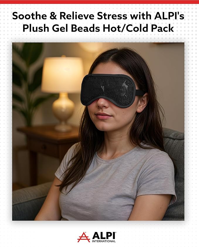 Alpi Plush Gel Beads Hot/Cold Eye Mask – Eye Masks for Dark Circles and Puffiness – Microwavable Plush Pack for Relaxation & Tension Comfort – Reusable Heated or Cooling Compress – Black, 8”x4”