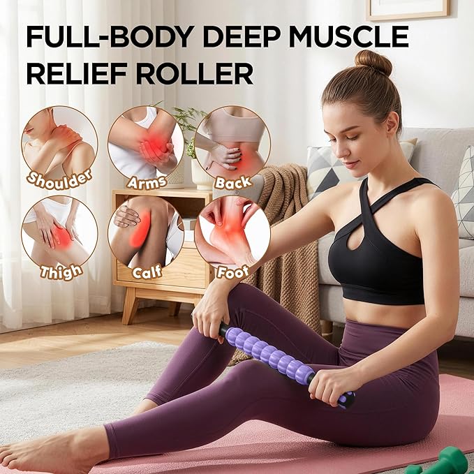 Muscle Roller & Massage Roller Stick for Athletes - Lymphatic Drainage Support, Relieves Muscle Soreness, Cramping & Tightness - Targets Legs, Arms, Back & Calves （Purple - 18inch）