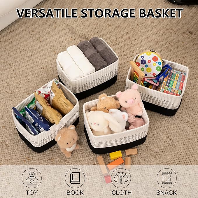 4 Pack Storage Baskets for Organizing, 13"X9"X7.87", Decorative Cotton Rope Baskets for Shelves, Small Woven Basket for Toys, Books and Towels, Black & White
