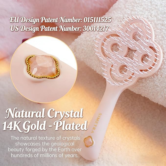 Simetra Detangler Hair Brush for Woman and Men, Original Detangling Brush for Curly Hair/Fine &Thick/Wet & Dry Hair, Flexible Bristles Hairbrush - Natural Crystal Inlay & 14K Gold Plating