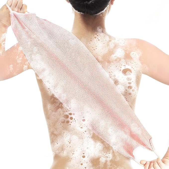 Extended Exfoliating Back Scrubber with Handles, Nylon Cleaning Exfoliator Washcloth for Body, Stretchable Pull Strap Soft Quick-Drying Rough Scrub Towel, Pink