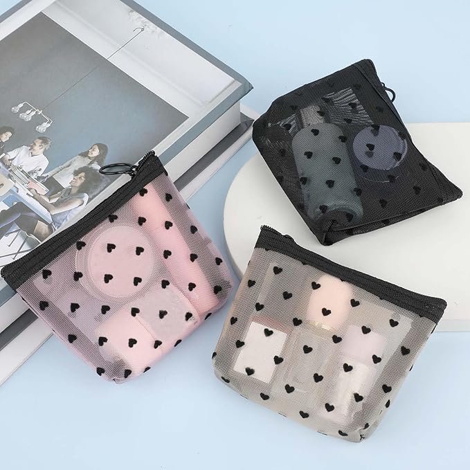 3Pcs Mini Cosmetic Bags, Heart Print Mesh Zipper Bags, Lipstick Accessories Organizer, Makeup Bag for Women, Small Purse Bag, 3 Colors