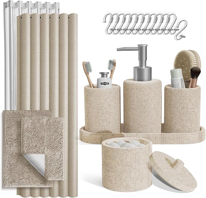 Clara Clark Beige Bathroom Set - Bathroom Sets with Shower Curtain and Rugs, 21PC Bathroom Accessory Set, Shower Curtain Set with Soap Dispenser & Toothbrush Holder