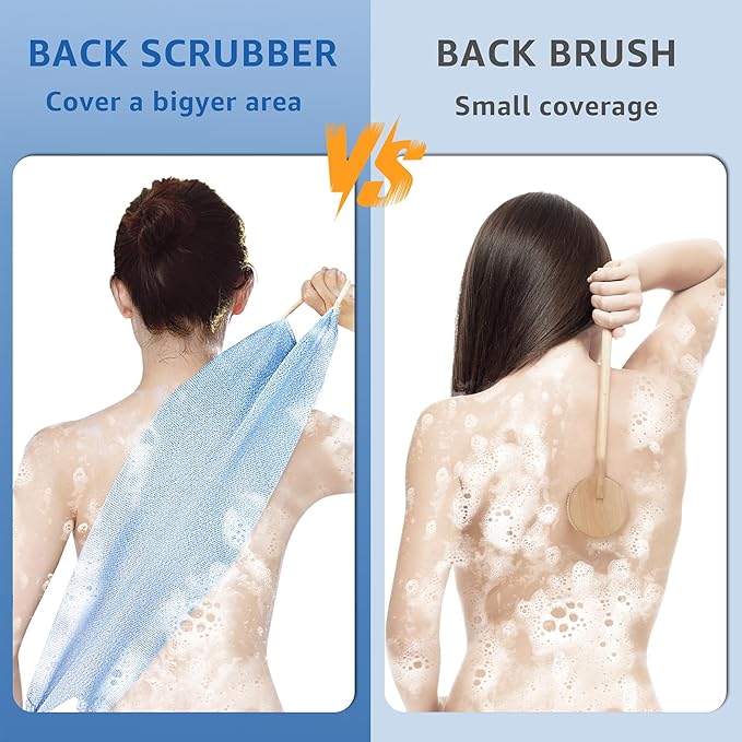 Extended Exfoliating Back Scrubber with Handles, Nylon Cleaning Exfoliator Washcloth for Body, Stretchable Pull Strap Soft Quick-Drying Rough Scrub Towel, Blue