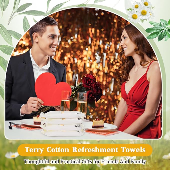 Timgle 50 Pcs Moist Towelettes Individually Wrapped Scented Disposable Face Towels Essential Oil Infused Moist Terry Cotton Towel for Use Hot or Cold Travel Body Spa(Sage, Chamomile)