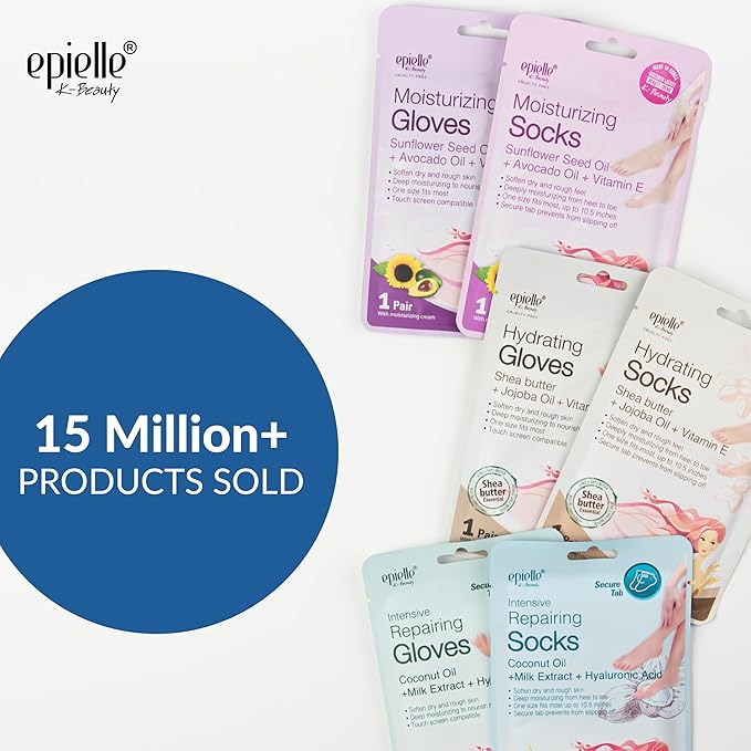 Epielle Intensive Repairing Hand & Foot Masks, Restore and Moisturize Dry, Cracked Skin, Self Care Gifts for Women, Spa Kit, Easter Basket Stuffers, 6 Moisturizing Gloves & 6 Moisturizing Socks