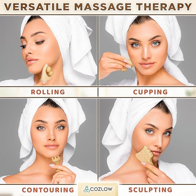 COZLOW Gua Sha Facial Massage Tools (5 Piece Set), Wooden Face Massage Therapy Kit for Face Lifting, Lymphatic Drainage, Skin Care & Anti-Aging