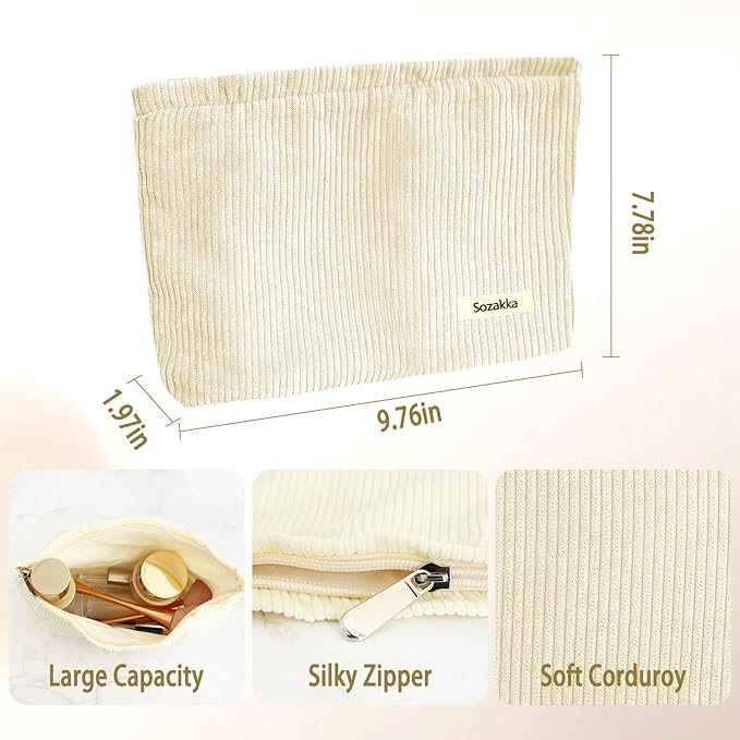 ZLFSQR Corduroy Makeup Bag for Women Small Corduroy Cosmetic Bag Large Cute Travel Makeup Pouch for Purse White Cloth Cosmetic Pouch Zipper Storage Organizer Canvas Toiletry Bags