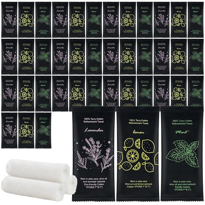 Moist Cotton Towel Bulk Moist Towelettes Individually Wrapped 8.7" x 8.7",White Towel Services,Refreshment Pre Moistened Towels Lavender,Lemon and Mint for Sport Party Spa(Pack of 300)