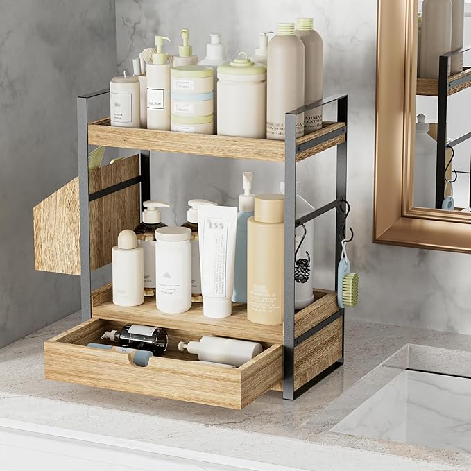 Kottwca Bathroom Counter Organizer with Drawer, 2-Tier Wood Countertop Organizer for Storage, Vanity Skincare Organizers, Bathroom Sink Shelf for Organization (Wood Color)