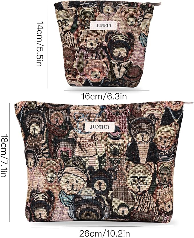 2PCS Makeup Bag Small Cute Cosmetic Bags for Women，Bear Pattern Travel Toiletry Bag for Purse, Large Canvas Cosmetic Pouch Makeup Organizer Tool Pouch with Zipper（Bear Brown）