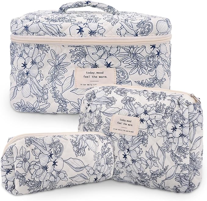 3Pcs Cotton Quilted Makeup Bag Large Travel Cosmetic Bag Coquette Makeup Pouch Cute Aesthetic Floral Toiletry Bag for Women Girls (flower-D)