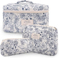 3Pcs Cotton Quilted Makeup Bag Large Travel Cosmetic Bag Coquette Makeup Pouch Cute Aesthetic Floral Toiletry Bag for Women Girls (flower-D)