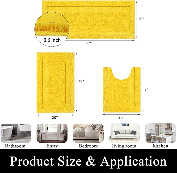 SHACOS Yellow Fall Bathroom Rugs Sets 3 Piece, 20"x32" + 20"x47" Non Slip Bath Mat and 20"x24" Toilet Rugs U Shaped Washable, Soft Fluffy Water Absorbent Bathroom Floor Mat