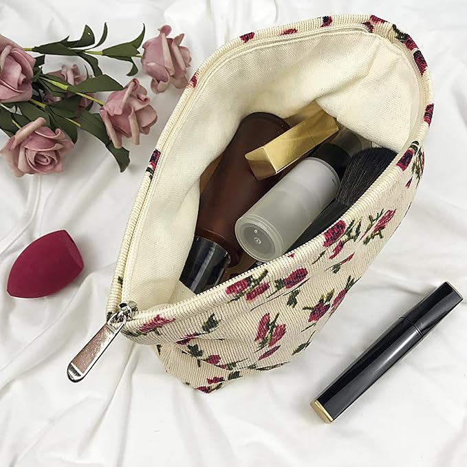 GUTGNK Corduroy Ladies Cosmetic Bag, Large Capacity Canvas Cosmetic Bag Travel Toiletry Bag Accessories Organizer, White Rose