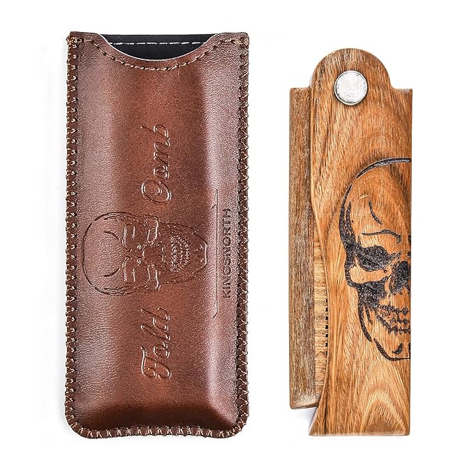 Men's Pocket Folding Wooden Beard Comb with Leather Travel Case,Green Sandalwood Hair Combs Set for Men (Skeleton)
