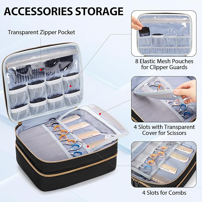 CURMIO Double Layer Hair Clipper Travel Carrying Case, Barber Supplies Organizer Storage Bag Compatible with Ufree/Wahl/Andis/Hatteker/Osterpro and Most Standard Hair Trimmer, Men Grooming Kit