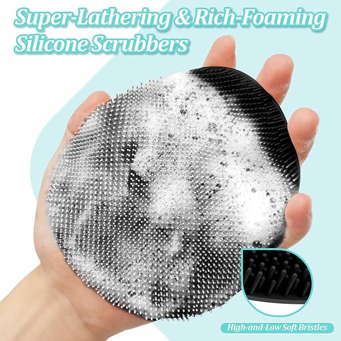 Silicone Bath Glove & Face Scrubber Set 2PCS, 360° Anti-Slip & Hand-fit Body Scrubber for Rich Foaming Deep Cleaning, Unique Facial Scrubber with Side-bristles for Contoured Areas.(Black)