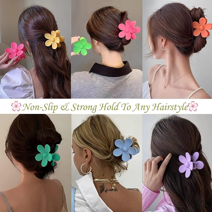 Flower Hair Clips 8PCS, Large Claw Clips for Women Girls Thick Thin Hair, Strong Hold Non slip Big Matte Dasiy Jaw Clamps Hair Accessories 8 Colors