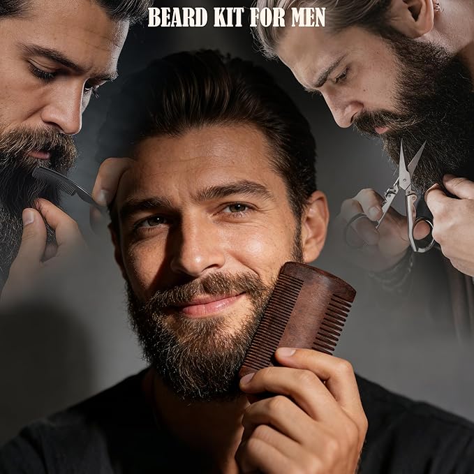 BFWood Mens Beard Comb: Small Travel Beard Set - Grooming Sandalwood Mustache Comb, Mustache Trimming Sissors With Storage Bag