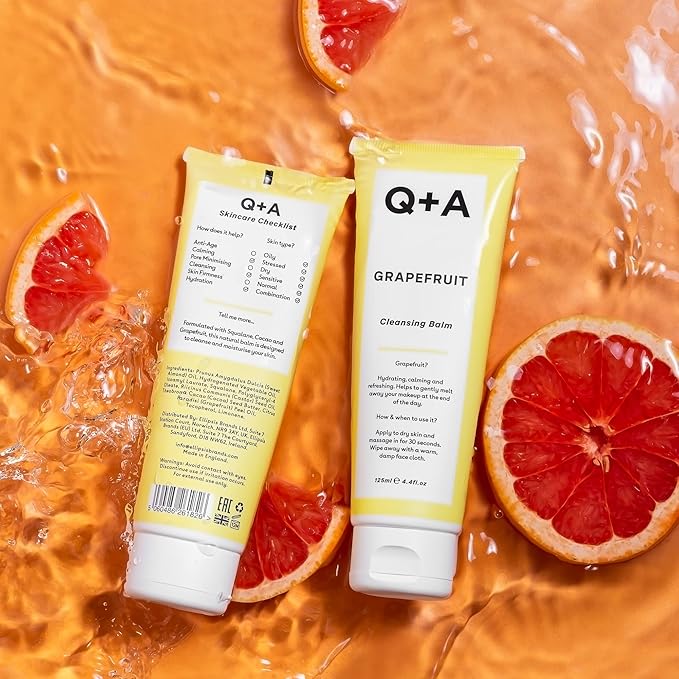 Q+A Grapefruit Cleansing Balm (125ml), Natural Makeup Remover with Cocoa Butter and Squalane, Hydrating Face Cleanser, Skincare for All Skin Types, Cleanse and Moisturize Skin