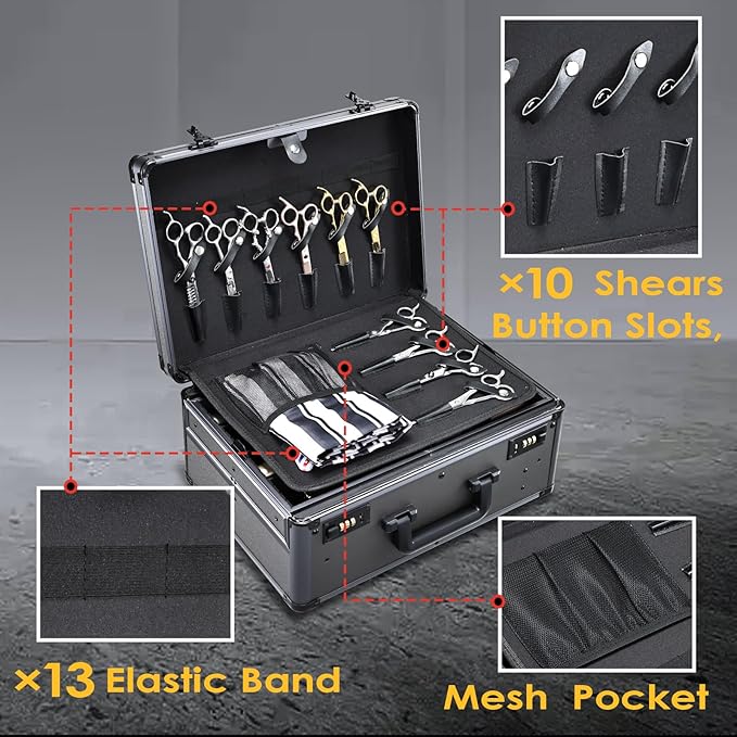 Barber Case with Clippers Sliding Tray, Profesional Barbers Briefcase Tool Case, Travel Barber Cases for Clippers and Supplies, Hair Scissors Trimmer Organizer, Salon Grooming Hard Suitcase