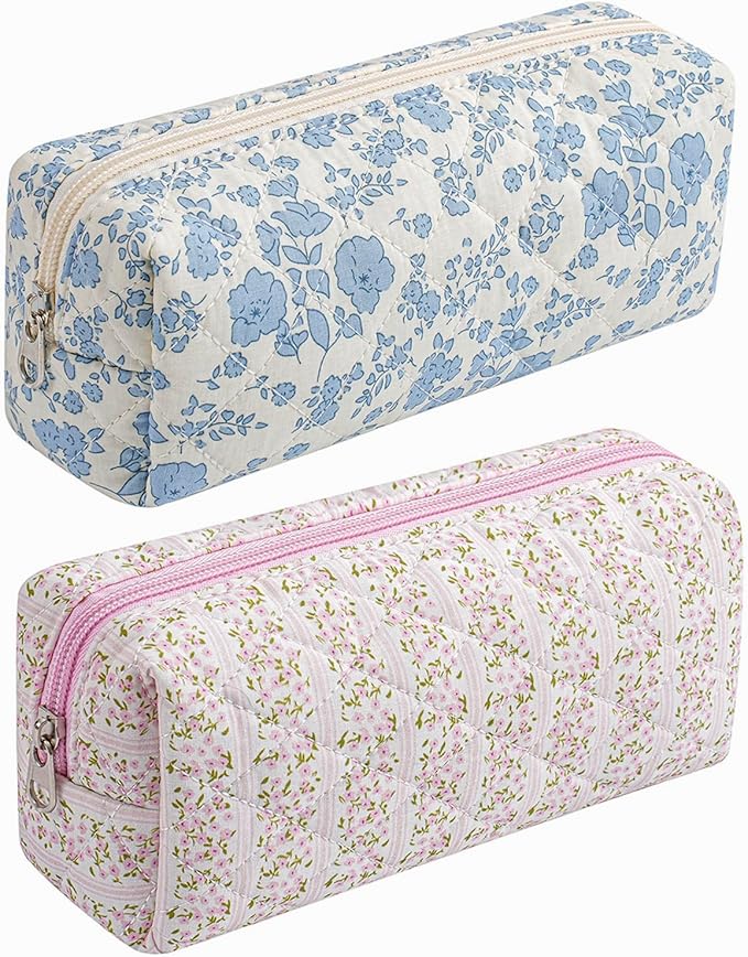 Cute Floral Makeup Brush Bag Small Cotton Quilted Cosmetic Bag for Women Travel Toiletry Zipper Make Up Pouch (Two Pack: (Blue + Pink Floral)