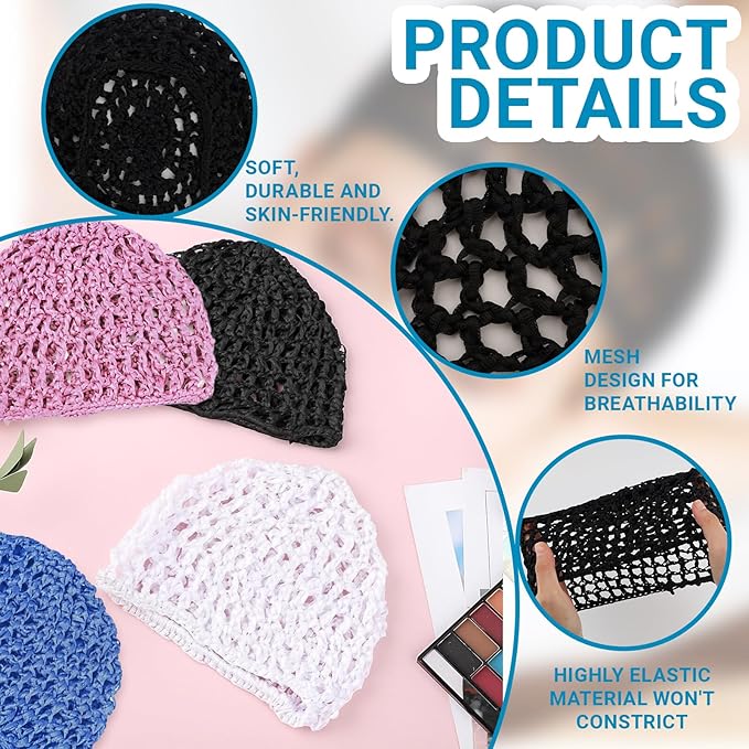 4 PCS Hair Nets for Sleeping, Crochet Hair Wrap Net with Lift Strap, Silk Press Sleep Mesh Cap for Women, Reusable Mesh Bonnet for Curly, Straight Hair & Wig Protection (Black, White, Blue, Pink)