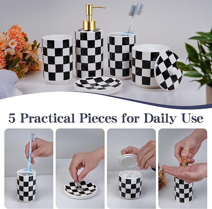 Ceramic Bathroom Soap Dispenser Set, Black and White Checkered Bathroom Vanity Set with Lotion Pump, Toothbrush Holder, Soap Dish & Storage Jar, Modern Bathroom Sink Accessories