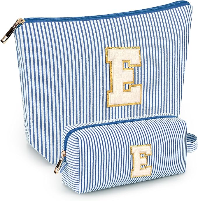 mibasies 2 PCS Initial Makeup Bags for Women: Cosmetic Bag for Travel Toiletry - Personalized Cute Makeup Pouch - Gifts for Grilfriend Wife Moms Bridesmaid - Retirement Travel Gifts - Blue E