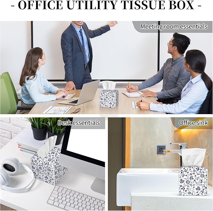 Blue and White Tissue Box Cover Square, Abstract Blue Flowers Tissue Box Holder,Waterproof Leather Facial Paper Organizer Dispenser for Bathroom Home Car Decor