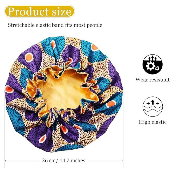 2 Pieces Large Satin Sleep Bonnet African Silky Adjustable Bonnet Sleeping Caps for Curly Hair Black for Girls Women (Retro Patterns)