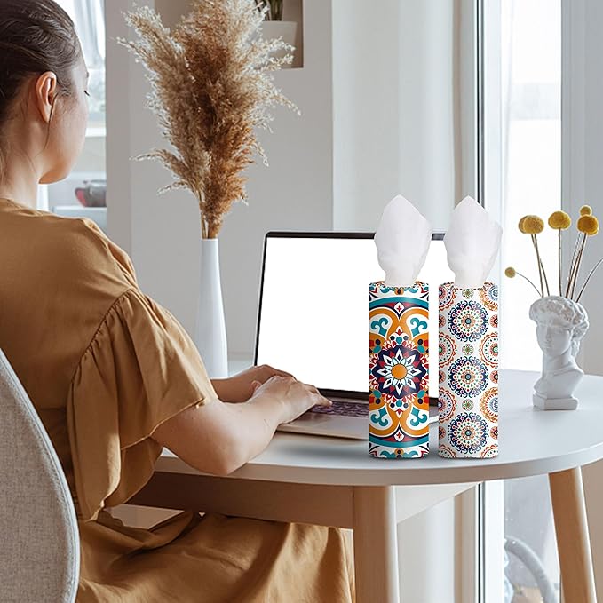 4-Pack Car Tissue Cylinders - Retro Boho Pattern, Fits Car Cup Holders, Travel Tissue Tubes with Facial Tissues (Retro Design)