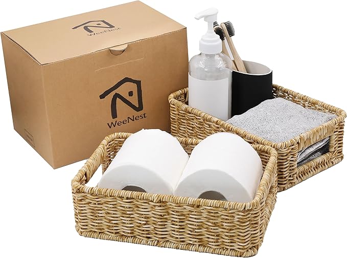 Baskets for Organizing, Small Wicker, Storage Bins for Bathroom and Toilet Paper Rolls, Hand Woven Tank Topper with Handle, Set of 2, Oat Milk