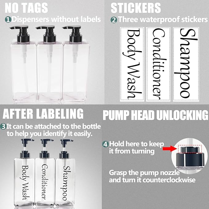 Shampoo and Conditioner Dispenser(Clear, Set of 3, 27oz)- Refillable & EmptyShampoo and Conditioner Bottles- Body Wash Dispenser Set-Modern Shampoo Bottles for Shower Soap
