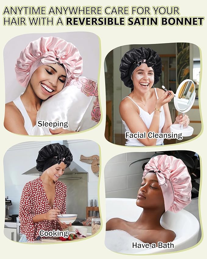Satin Bonnet Silk Wrap for Sleeping - Reversible Night Cap with Tie Band for Curly Hair (Black + Pink)