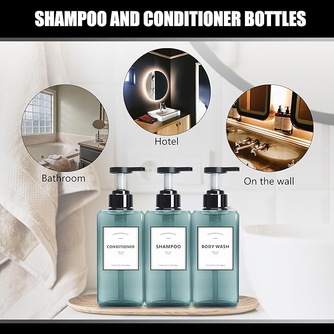 Soap Dispenser Bathroom, YACEYACE 16.9oz Set of 3 Clear Blue Shampoo Bottles, Refillable Pump Bottles Shampoo Dispenser, Soap Dispenser for Kitchen