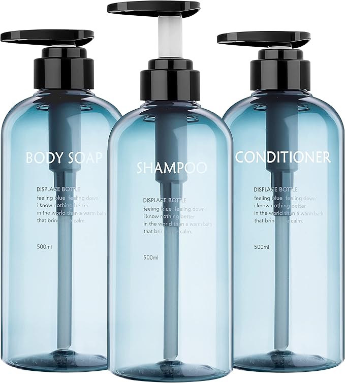 Refillable Shampoo and Conditioner Bottles, 10oz/300ml Shampoo Conditioner Body Wash Dispenser for Hotel Bathroom, 3pcs Plastic Shampoo Bottles with Pump (Blue)