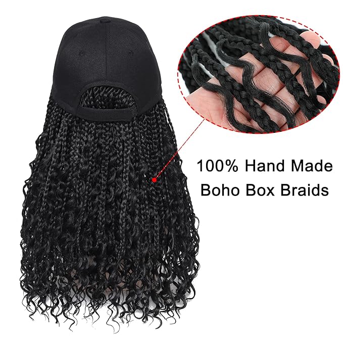 GUOJIAN Goddess Box Braiding Baseball Cap Wig Bohemian Curly Ends Box Braids Hat with Braided Hair Extensions for Black White Women Synthetic Braids Hat Wig with Hair Attached (16inch, 1B)