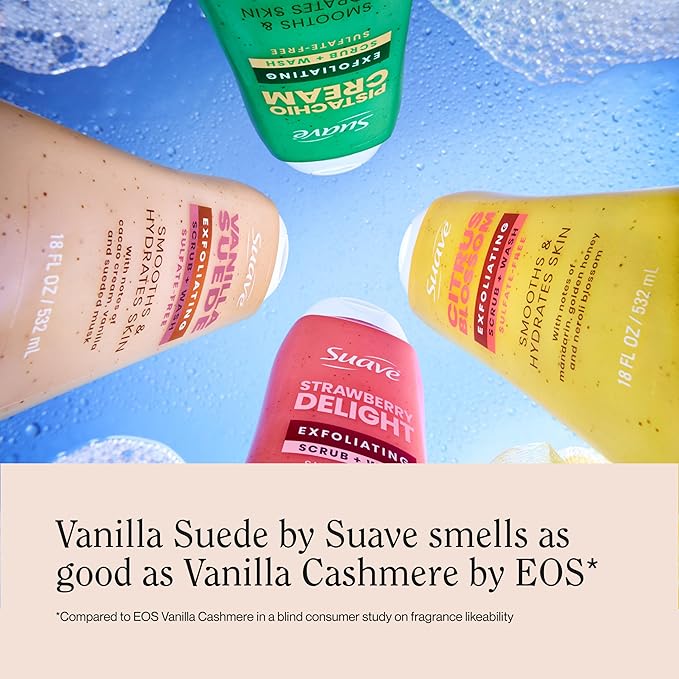 Suave Vanilla Suede Exfoliating Body Wash & Scrub with Glycerin & Vitamin E, Sulfate-Free Hydrating Cleanser for Soft, Smooth Skin, 6 Count, 18 FL OZ
