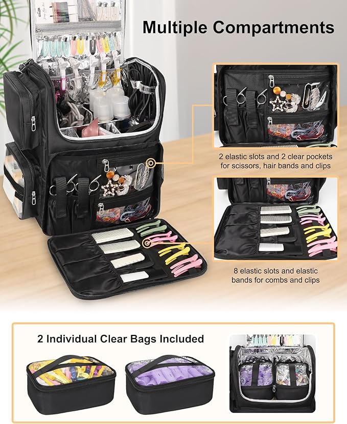 Relavel Hair Tools Travel Bag Hair Stylist Backpack Hairdresser Cosmetology Bag, Heat Insulation Full Layer for Curling Iron, Hair Straightener, Travel Accessories Train Case Barber Organizer, Black