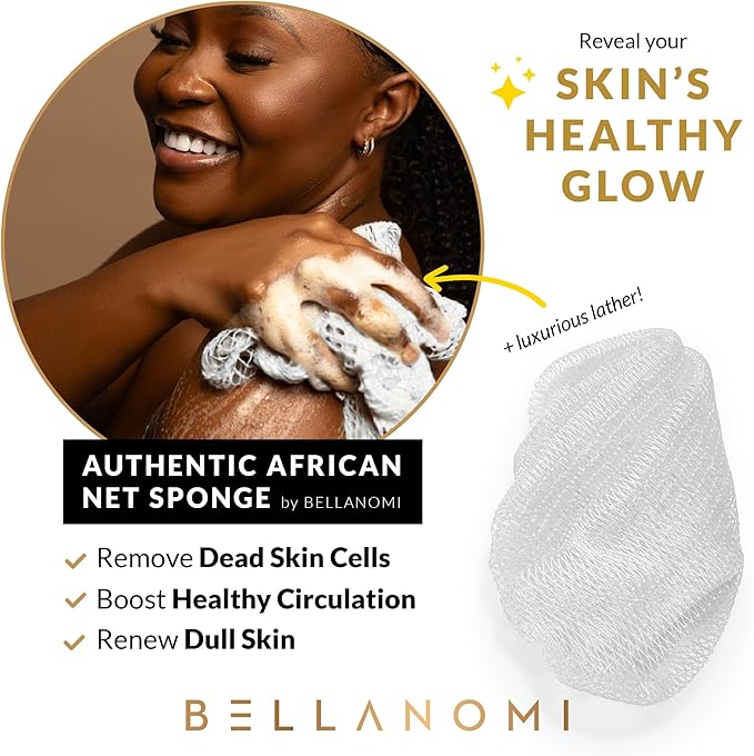 BELLANOMI African Exfoliating Net Sponge, Authentic, Ethically sourced from Nigeria, 45 inches Long, Back Scrubber for Daily use (White)