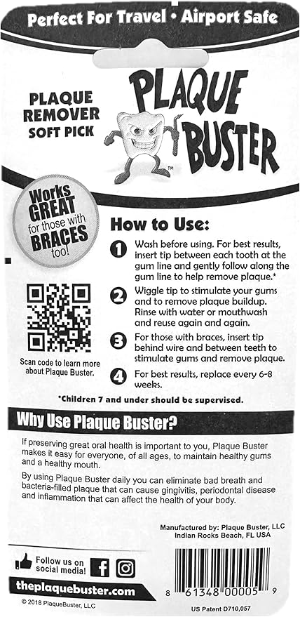 Plaque Buster (16 Count) Soft Interdental Pick, Gum Stimulator & Plaque Remover, Made in USA, for Oral Health and Healthy Gums, Multi-Colored
