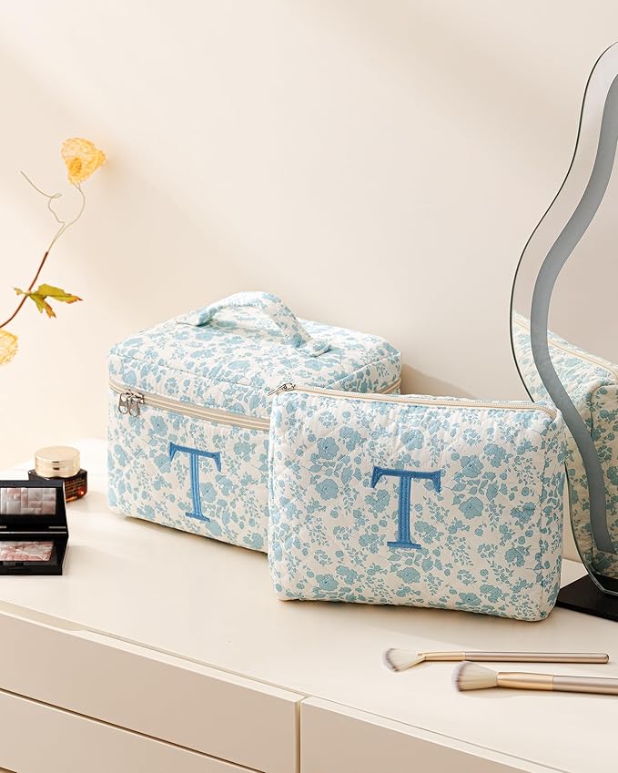 HBselect 2Pcs Initial Quilted Cotton Large Travel Cute Floral Coquette Makeup Bag Cosmetic Toiletry Bag for Women Girls