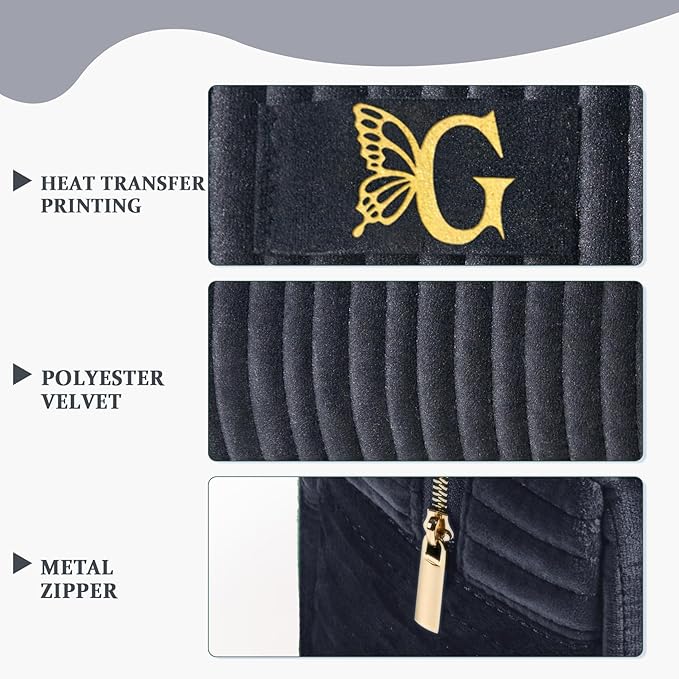 COSHAYSOO Travel Makeup Bag Quilted Make Up Pouch Initial Cosmetic Case with Butterfly Decor for Women SPF Sunscreen Contour Stick Beauty Blender Highlighter Concealer Organizer Black Letter G
