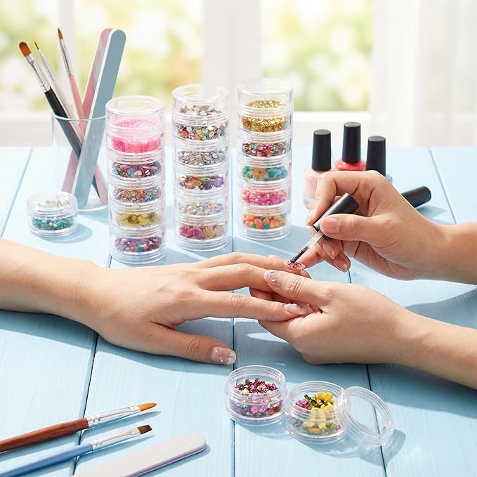 Fengek 6 Sets 6 Layer Stackable Plastic Containers, 10G/10ML Clear Cosmetic Storage Box Round Organizer Jars for Beads, Buttons, Small Jewelry Findings